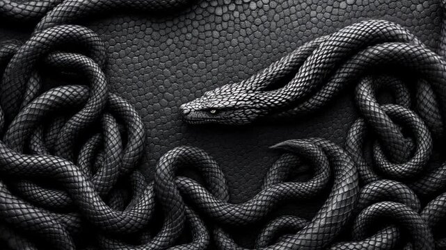 Metal texture dragon scales background. Lively coiled black snakes. 3D abstract background of intertlaced serpents 4k Video. generated with AI