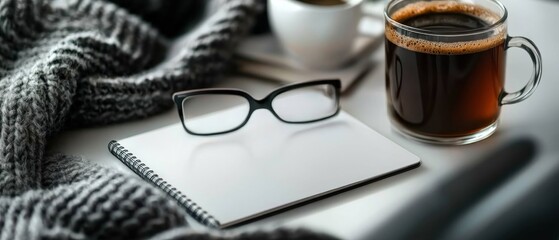 Cozy workspace with coffee, glasses, and notebook