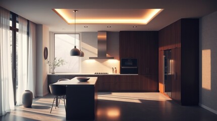 Modern kitchen interior design, sunlight streaming, island, minimalist