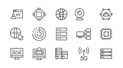 Network Technology icon set. Network and Internet, smart home, control, system, technology, alarm, surveillance, lock, computer, wifi, communication line icon set. UI thin line icon pack.
