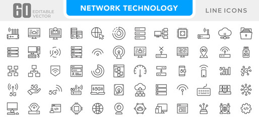 Network Technology icon set. Network and Internet, smart home, control, system, technology, alarm, surveillance, lock, computer, wifi, communication line icon set. UI thin line icon pack.