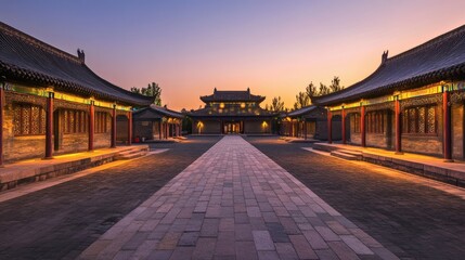 Fototapeta premium A symmetrical view showcasing traditional architecture in the evening