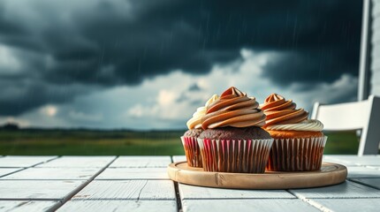 Stormy weather, cupcakes on table, outdoor setting, rural background. Use dessert food photography, blog, website