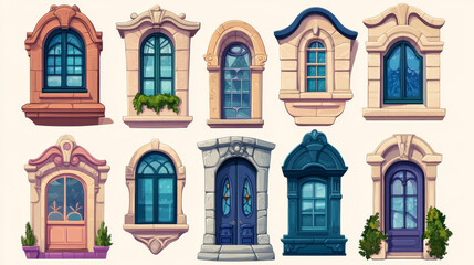 Obraz premium Vector house glass window frame isolated cartoon set on white background. Vintage building exterior illustration element collection. Beautiful architecture with retro and modern profile clipart