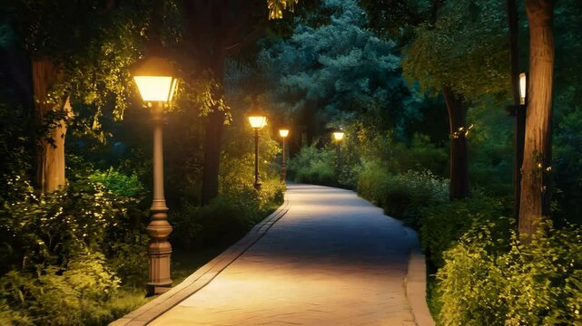 A tranquil pathway winds through a lush park, softly lit by warm street lamps. Tall trees frame the walkway, creating a calm atmosphere for evening walks