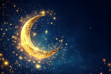 Fototapeta premium Eid Mubarak Banner Design Featuring a Glowing Crescent and Golden Stars.
