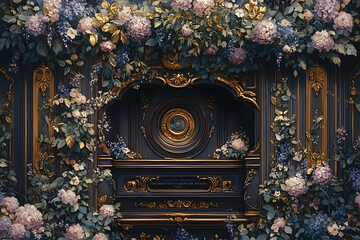 Ornate floral wall with golden accents, featuring a circular mirror, surrounded by lush greenery