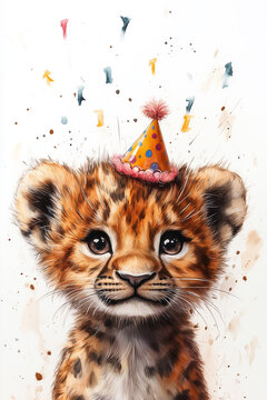 Cute baby tiger little lion cheetah animal with birthday cap drawing watercolour illustration on transparent background