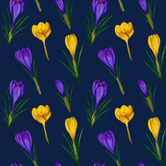 Beautiful violet and yellow crocuses flowers on a black background, seamless pattern. Watercolor digital illustration. For fabric, textiles,wrappers, covers, prints