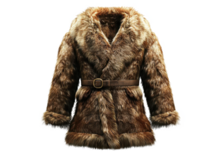 A luxurious brown fur coat with a belt displayed against a stark Transparent Background