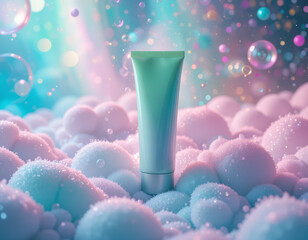 mockup sleek green gradient skincare tube glowing amidst magical psychedelic foam bubbles, business, cosmetics