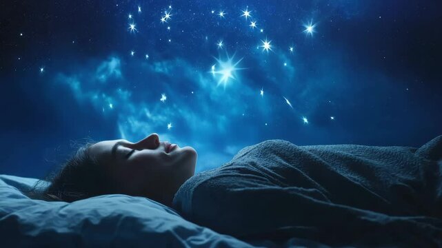 Relaxing moment features a person peacefully asleep while surrounded by a beautiful starry night sky. The calm atmosphere invites viewers to embrace tranquility