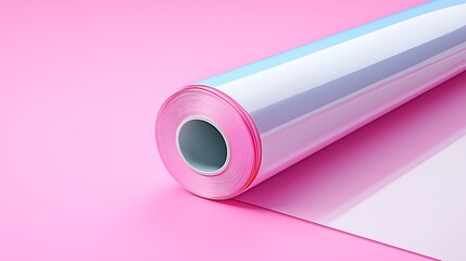 Rolled white shiny paper laying on pink surface, creating background, for printing or design