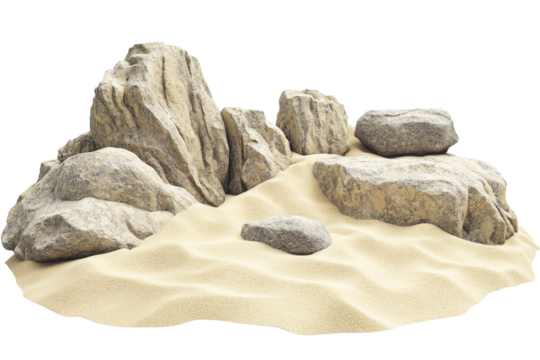 a bunch of rocks and sand on a white background cutout image and isolated on transparent background 