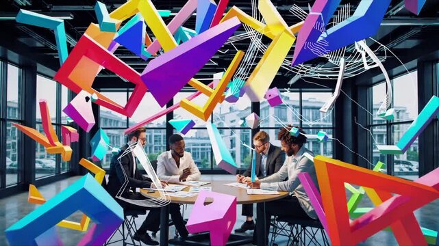 Creative Business Team Collaborating in Office with Innovation Symbols, Digital Workplace, Generative AI