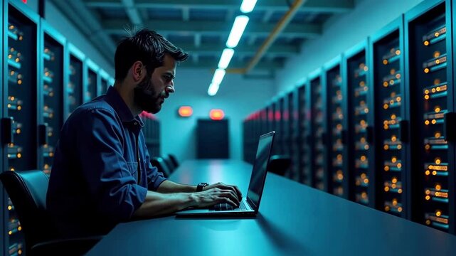 Male IT specialist working on laptop in server room