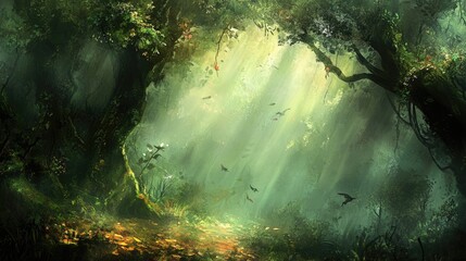 Obraz premium Enchanted Forest Path: Sunbeams Dance Through Ancient Trees