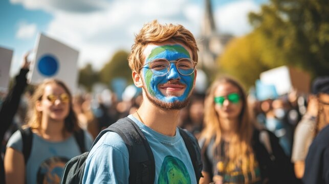 Protestors showcase their commitment to the planet with blue and green body paint, promoting environmental awareness and unity at a vibrant rally