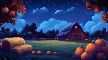 Night farm with barn and haystack. Vector cartoon illustration of rural landscape, dark field under starry sky, pumpkin harvest in vegetable garden, pears and apples on fruit trees, game background