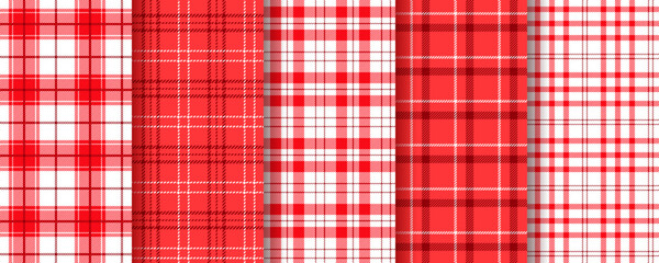 Check seamless pattern. Tablecloth red background. Vichy gingham texture. Set checkered kitchen prints. Picnic retro plaid backdrops. Lumberjack tartan wallpaper. Vector illustration. Table textile.