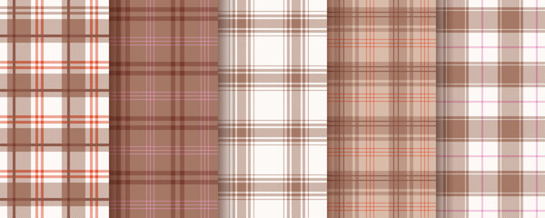 Plaid background. Tartan seamless pattern. Flannel brown texture. Lumberjack print. Set gingham fabric. Check cloth in Mocha Mousse color. Shirt textile. Vichy abstract tablecloth. Vector illustration