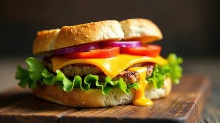 Juicy grilled patty cheeseburger with melted cheese, fresh lettuce, tomato, and red onion on a toasted bun, served on a rustic wooden board.