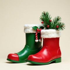 Close-up of decorated Christmas boots, red and green, christmas, winter