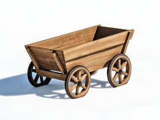 Wooden cart on white background, showcasing craftsmanship and design details