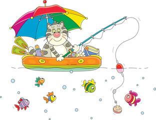 Funny grey-striped cat fisherman sitting in an inflatable boat with a fishing-rod and catching small fishes in a small lake in countryside on summer vacation, vector cartoon illustration on white