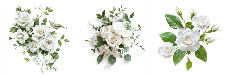 Set of a bird on a bouquet of white roses, White flowers bouquet roses and leaves with tree isolated on a transparent background