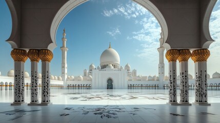 An Architectural View Of A White Mosque And Blue Sky