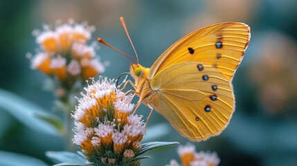 Obraz premium Golden Butterfly on Blooming Flower: A Macro Photography Masterpiece
