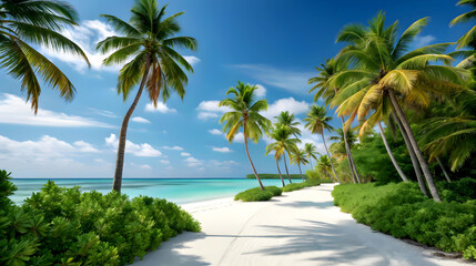 A Pristine Tropical Beach Path Lined With Swaying Palm Trees Under A Vibrant Blue Sky, Inviting You To A Tranquil Paradise With Soft Sunlight And A Tranquil Ocean View