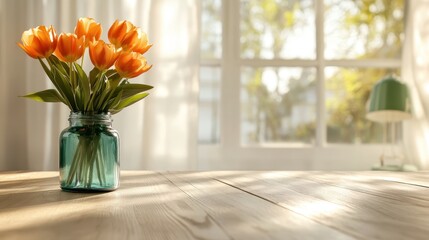 A beautiful arrangement of orange tulips in a clear jar bathed in sunlight, casting gentle shadows and creating an inviting and comforting space.