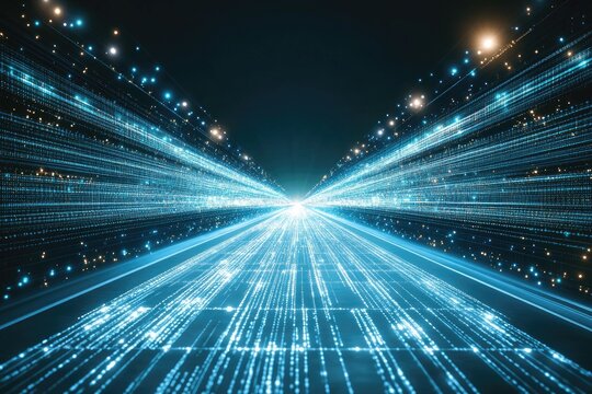 Digital Highway.  A futuristic, high-speed digital pathway, filled with streams of light and data points, creating a visually striking and dynamic representation of information flow and technology - Powered by Adobe