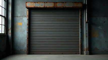 Rustic Industrial Setting with Weathered Metal Roll-Up Door and Aged Concrete Floor