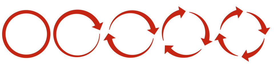Cyclic process with red arrows. Set of Circular Arrows Icons. Rotational Cycle with Arrows. Rotating Arrow Symbols, Representing Cycle, Reload, Process Flow, Synchronization, and Continuous Motion.