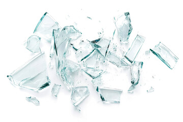 broken glass pieces on white background cutout image and isolated on transparent background 