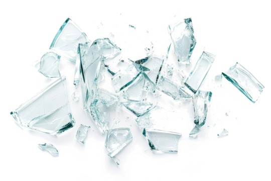 broken glass pieces on white background cutout image and isolated on transparent background 