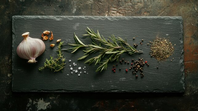Culinary herbs and spices assortment on slate board for gastronomic delights