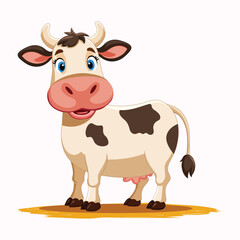Cute cow vector illustration featuring a friendly, spotted farm animal with horns and a cheerful smile. Perfect for dairy products, agriculture, mascots, and farm-themed designs.