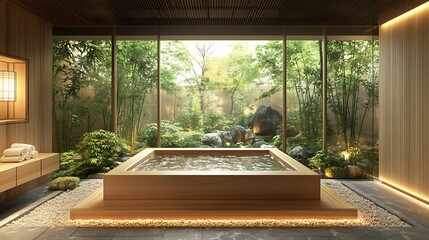 Interior Japanese Style Room with Bathtub 3D Rendering..