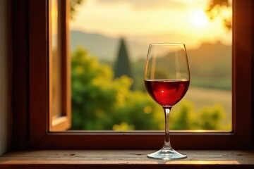 Tuscan sun illuminates a glass of red wine, window sill , sill, crimson