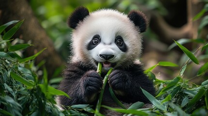 Obraz premium Adorable Baby Panda Cub Eating Bamboo Shoots in Lush Green Habitat
