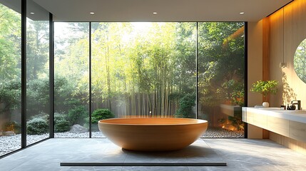 Interior of Modern Bathroom with White Walls Concrete Floor Comfortable Bathtub and Round Wooden Sink 3D Rendering..