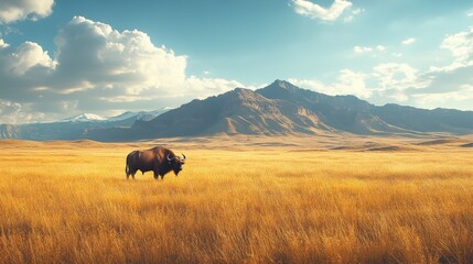 Majestic Wild Bison in Golden Prairie Landscape with Mountain Backdrop