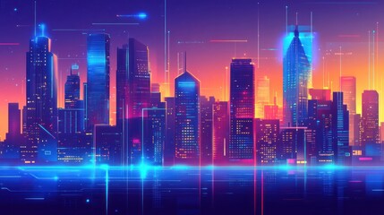 Futuristic cityscape skyline at sunset.  Possible use Stock photo