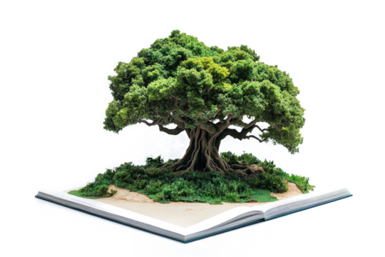 a book with a miniature tree on top cutout image and isolated on transparent background 