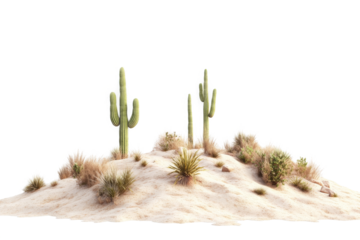 a desert with cactuses and sand cutout image and isolated on transparent background 