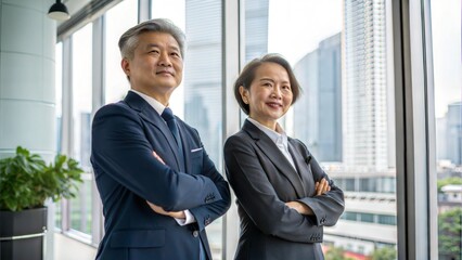 Two senior executive managers, a business man and woman, standing confidently in an office. Professional corporate leaders looking at the camera.